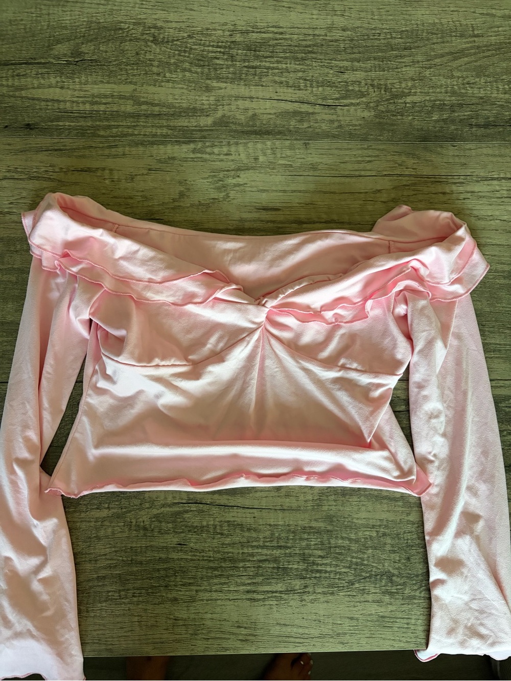 Off-Shoulder Pink Ruffle Long-Sleeve Top